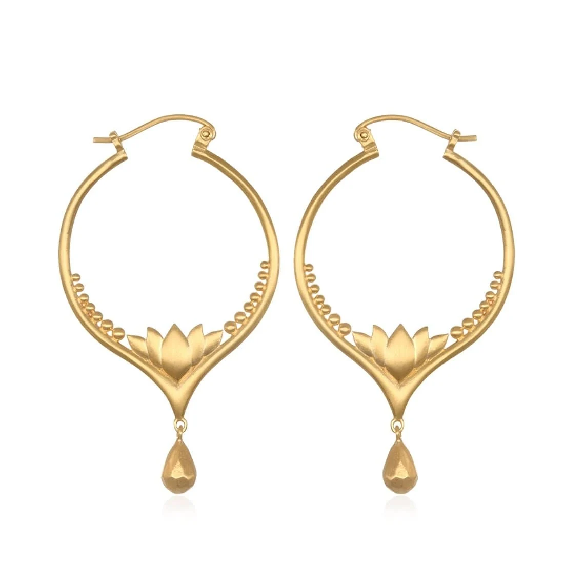 Lotus Drop Hoop Gold Earrings
